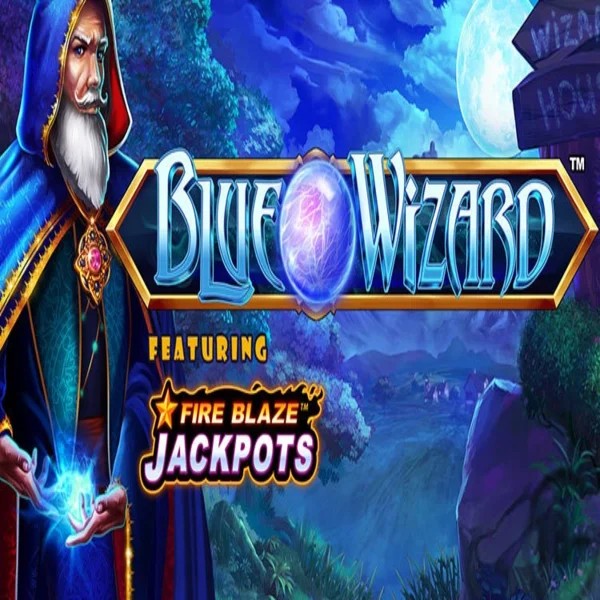 Blue Wizard Fire Blaze Jackpots slot logo by Rarestone Gaming at Casino Prestige